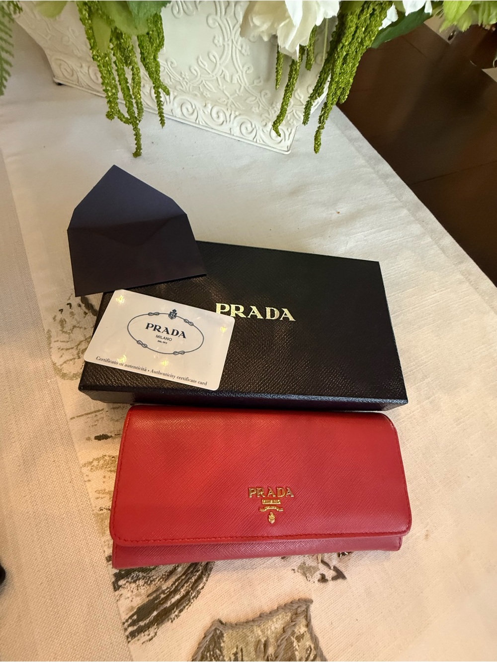 Prada Red Saffiano Leather Continental Wallet with Gold Logo